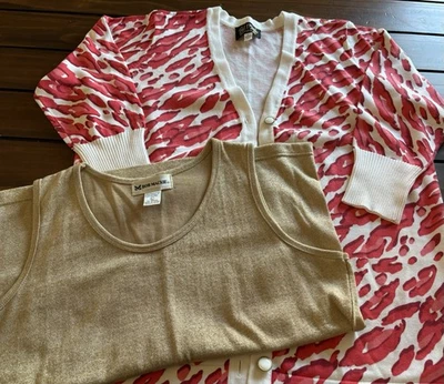 2 suéter cárdigan artístico portátil Bob Mackie para mujer grande rosa estampado animal dorado Foto 1 de 4