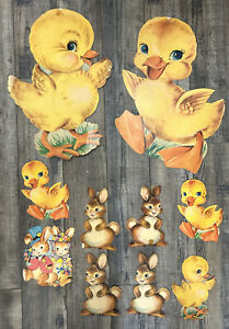 Large Lot Vintage Dennison Easter Die Cut Cutout Decorations Ducks & Bunnies
