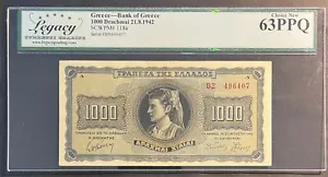 GREECE / GERMAN & ITALIAN OCCUPATION WWII 1942 PICK#118a 1000 DRACHMAI LEGACY63 - Picture 1 of 2