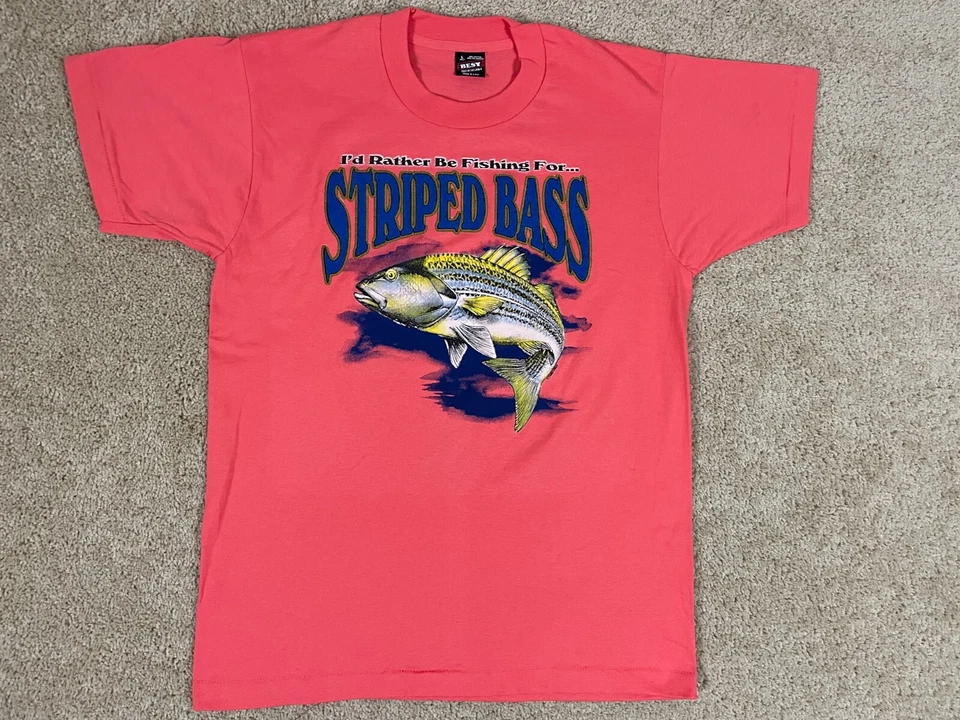 Vintage Fruit Of The Loom Bass T-Shirt Mens Large Made in USA Single Stitch Pink - Image 1 of 4