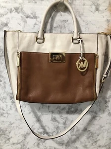 Michael Kors Sloan Leather Luggage Bach Bag Two Toned Brown Ivory Gold Medium - Picture 1 of 23