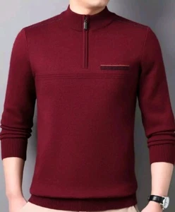 Men's Comfy Zipper Turtleneck Red Rayon Sweater Long Sleeve Soft Rib Knit Fabric - Picture 1 of 7