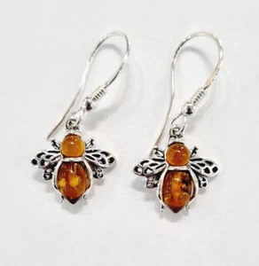 Bumble Bee Drop Amber Earrings  Sterling Silver.925 Natural Cognac Baltic Amber - Picture 1 of 15