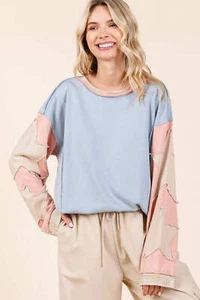 Mittoshop Star Patch Long Sleeve Colorblock Mineral Wash Top - Picture 1 of 7