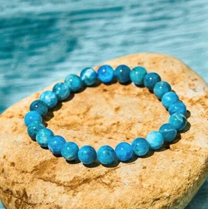 Handmade Natural Apatite Elastic Stretch Bracelet - 7mm Round Gemstone Bead - Picture 1 of 20