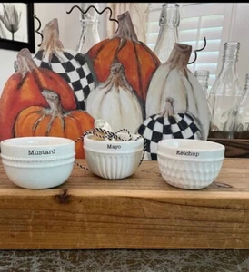 MUDPIE WHITE MINI CONDIMENT BOWLS 3/ SILVER SERVING SPOON NEW - Picture 1 of 4