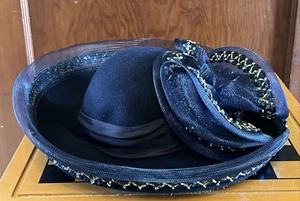 Vintage Bollman Mütze blau Doeskin Filz 100 % Wolle Schleife Netz Pailletten USA elegant - Bild 1 von 9