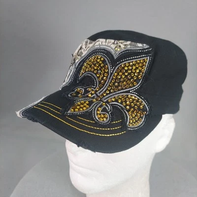 Leader L.O.G.A  Cadet Hat Army Cap Distressed Rhinestone Cross Bling Fleur-De-Li - Image 1 of 4