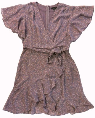 CAROLINE MORGAN flutter sleeve plum floral crossover knee length dress 10 as new - image 1 of 4