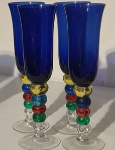Vintage Cobalt Blue Fluted Champagne Glasses Colorful Stems Set of 4 - Picture 1 of 6