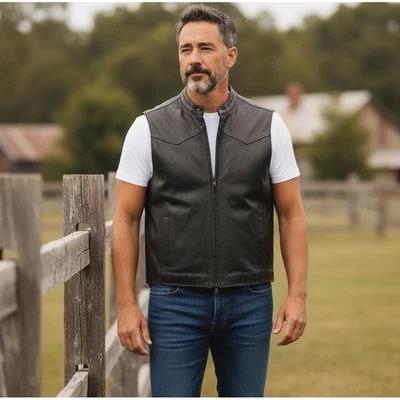 复古真皮男式背心 2XL 黑色拉链前无袖夹克骑手摩托车 — 第 1/4 张图片