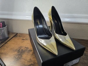Saint Laurent Paris Kiki Gold Patent Leather Women Pointed ToHeels Shoes Size 8 - Picture 1 of 14