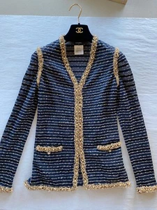 100%AUTH CHANEL Dubai Blue Slim Fit Cardigan Gold Faux Pearl Trims Size 34 - Picture 1 of 12