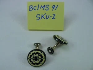 Men's Cufflinks Round, Stainless Steel, Black & White Enamel - Picture 1 of 2