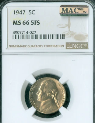 1947 JEFFERSON NICKEL NGC MS66 FS 2ND  MAC SPOTLESS  * - Image 1 of 2