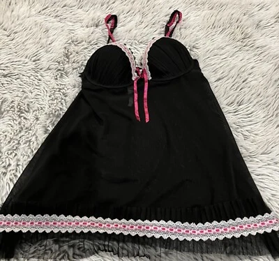 Rampage Women’s Sz M Black Pink White Babydoll Nightie Padded Bra Underwire Lace - Image 1 of 4