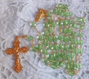 Transparent Pale Green Czech Crystal Rosary with 18K Gold Plated Crucifix - Picture 1 of 8