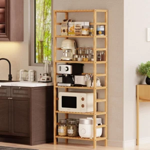 6Tier Bamboo Shelving Unit Adjustable Kitchen Storage Bookshelf Rack Plant Stand - Picture 1 of 12