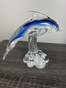 Kunstglas kobaltblauer Delfin auf klarer Welle Figur Murano-Stil groß schwer - Bild 1 von 9