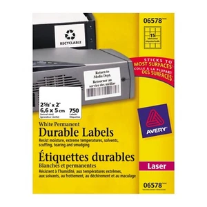 Avery 6578 permanent durable ID labels white laser 2 5/8 x 2 750 water resistant - Picture 1 of 5