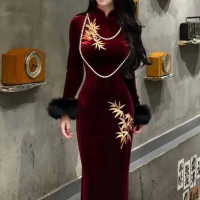 Lady Velvet Evening Dress Faux Fur Sleeve Bamboo Embroidered Long Slim Dress - Image 1 of 4