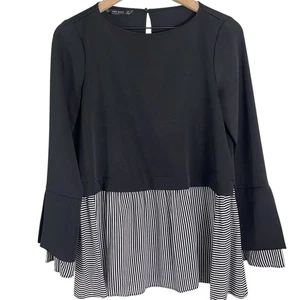 Zara Basic Collection Womens Mixed Media Blouse Small Striped Black And White - Picture 1 of 13