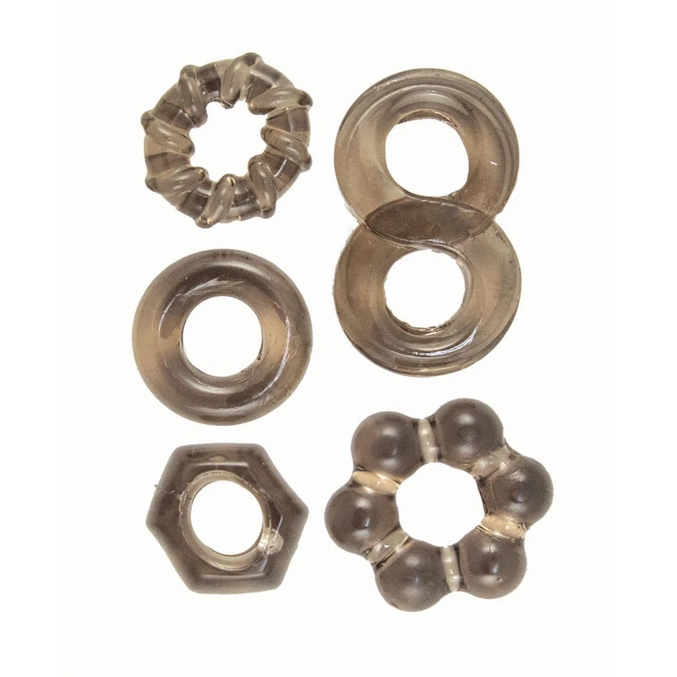 JUEGO DE CINCO ANILLOS PARA EL PENE DELUXE - GRIS, CÓMODO MATERIAL NUEVO ELÁSTICO Foto 1 de 4