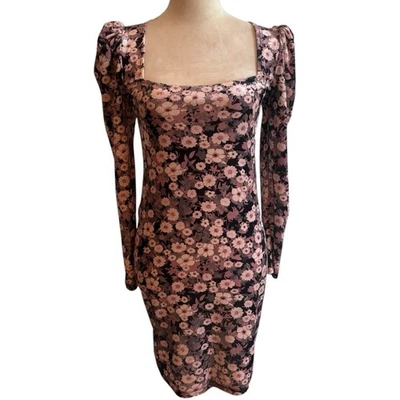 Mini Vestido Betsey Johnson Rosa Floral Terciopelo Manga Larga Abullonada Boda Cóctel M Foto 1 de 4