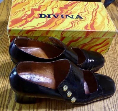 DIVINA Italian Patent Chunk Heel 1970's Shoes -Black-Pumps Leather SZ.  9-1/2 - Image 1 of 4