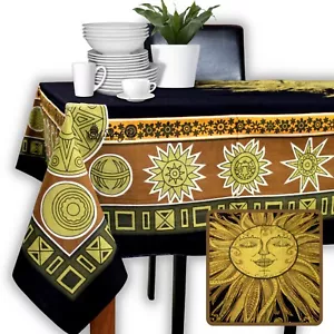 Sun Goddess Cotton Tablecloth Rectangle Midnight Gold Dining Linen - Picture 1 of 8