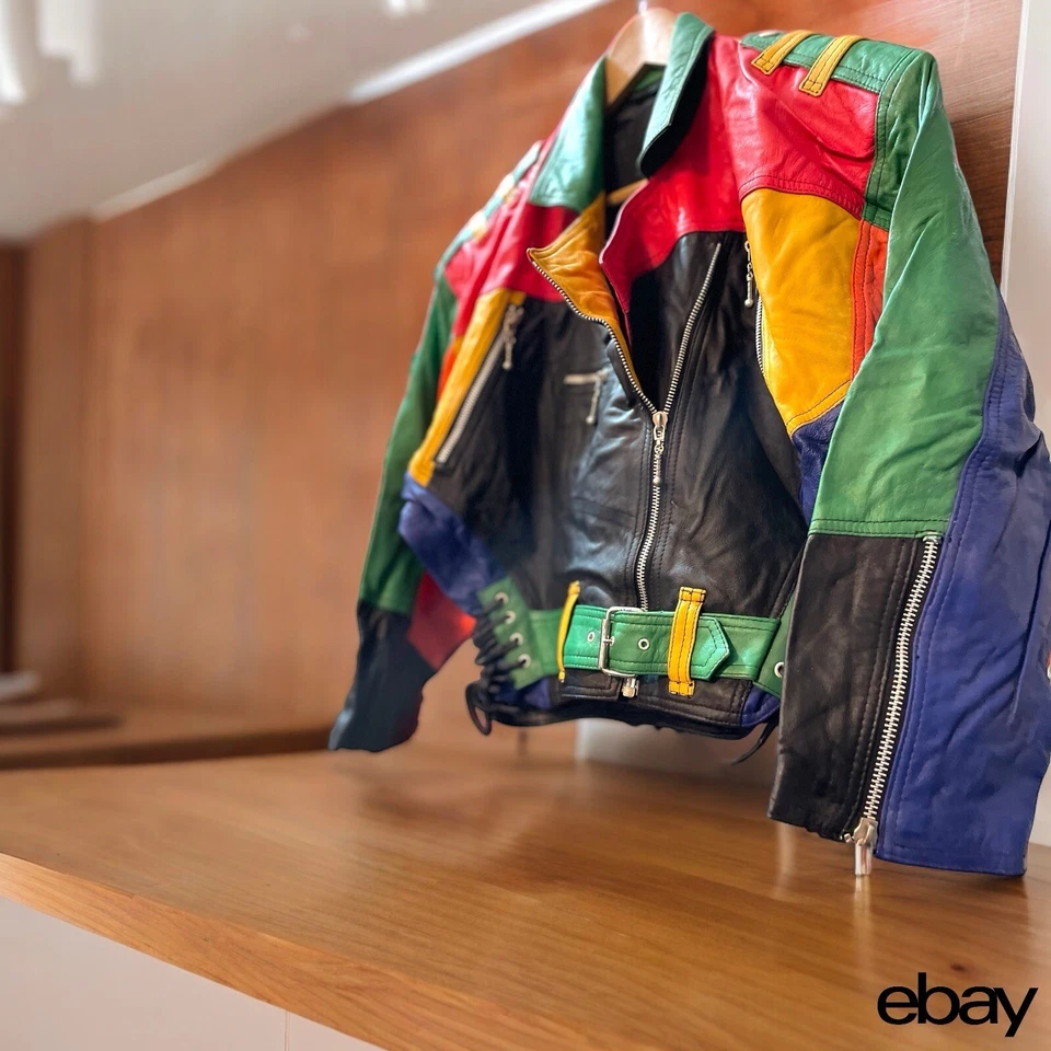 Винтажный WMNS кожи укороченный куртка маленький - хип-хоп T.L.C - 80-х / 90-х COLORBLOCK * РЕДКАЯ * - Изображение 1 из 4