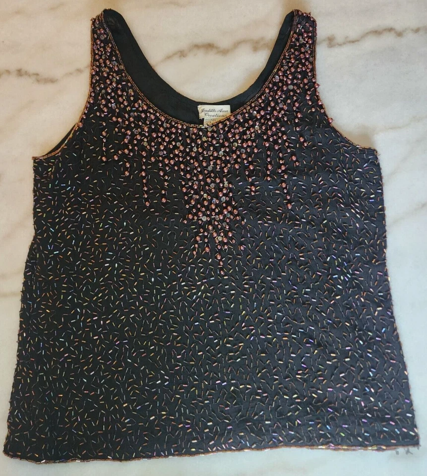 Camiseta sin mangas fluida vintage Judith Anne Creations pequeña 100 % seda negra y dorada con cuentas Foto 1 de 4