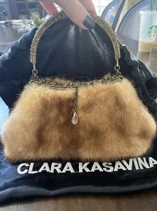 CLARA KASAVINA Fur Evening Bag Purse Crystal & Antique Gold Hardware w Strap EUC - Picture 1 of 6