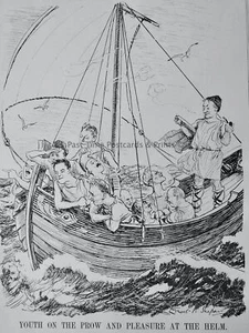 1935 Vintage Print YOUTH ON THE PROW AND PLEASURE AT THE HELM - Picture 1 of 2