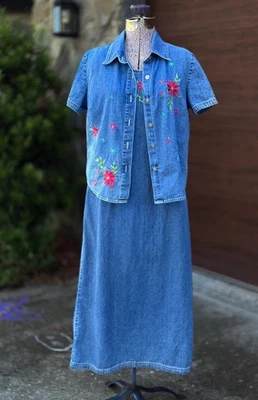 De Colección Studio Ease Denim Maxi Vestido Chaqueta Conjunto Talla 10P Western Boho Años 90 Bordado Foto 1 de 4