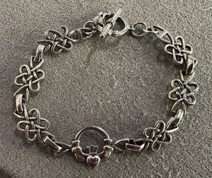 Vintage Sterling Silver Hands In Heart Crown Celtic Knot Link Bracelet 7" - Picture 1 of 6