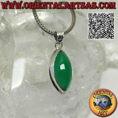 Ciondolo in argento 925 con agata verde a navetta cabochon su montatura liscia - Immagine 1 di 4