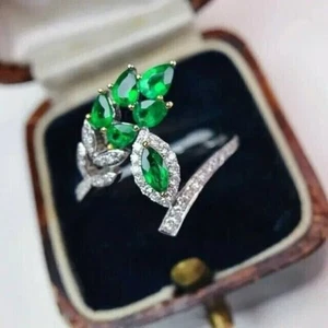 3Ct Marquise Cut Lab-Created Emerald Women Leaf Fancy Ring 14k White Gold Plated - Picture 1 of 5