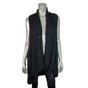 Alice & Olivia Sweater Cardigan Size M Open Front Sequins Sleeveless Black - Picture 1 of 7
