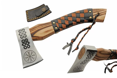 Viking Runic Hatchet Hand Ax Burnt Ash Wood Handle Leather Sheath 12.5 in. - Image 1 of 4