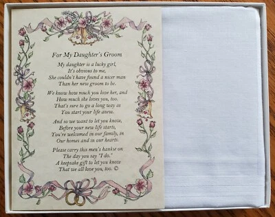 Groom Hankie Handkerchief Son-In-Law Wedding Poem Gift Favor Daughter Parent 140 - Image 1 of 3