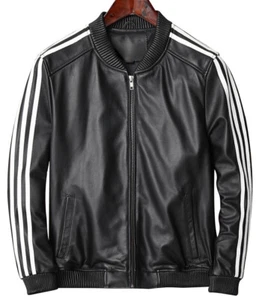 Men's Real Lamb Leather Bomber Jacket With White Leather Stripes On Sleeves - Picture 1 of 6