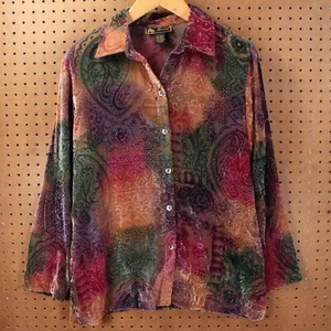 vtg 90s MIRASOL semi sheer paisley floral rayon velvet button up shirt LARGE tag - Picture 1 of 6