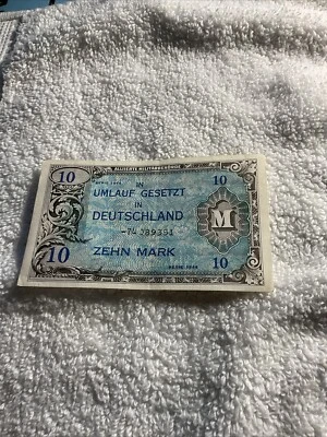 1944 WWII Germany Allied Occupation Military Currency 10 Mark Banknote Fine - Image 1 of 2