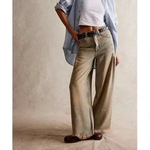 NWT Free People Old West Slouchy Jeans Wide Leg Denim We The Free Blue Tan Sz 27 - Picture 1 of 16