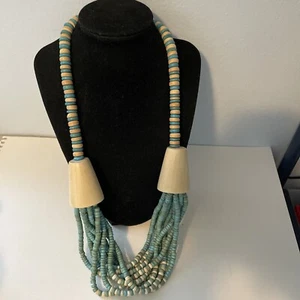 Multi Strand Blue Cream Wood Tribal Beaded Necklace Vintage 28” BoHo - Picture 1 of 6