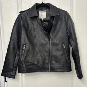 Pepe Jeans London Vegan Faux Leather Jacket Girls Size 14 Black Moto - Picture 1 of 13