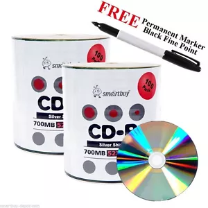 200 Smartbuy 52X CD-R 700MB 80M Disco en blanco de plata brillante + marcador permanente negro - Imagen 1 de 4