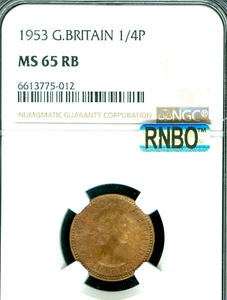 1953 GREAT BRITAIN FARTHING NGC MS65 RB MAC RNBO RAINBOW  RARE * - Picture 1 of 2