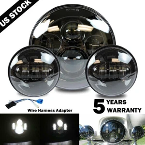 BLACK 7" INCH LED Projector Headlight + Passing Lights Fit for Harley Touring 3x - Picture 1 of 18